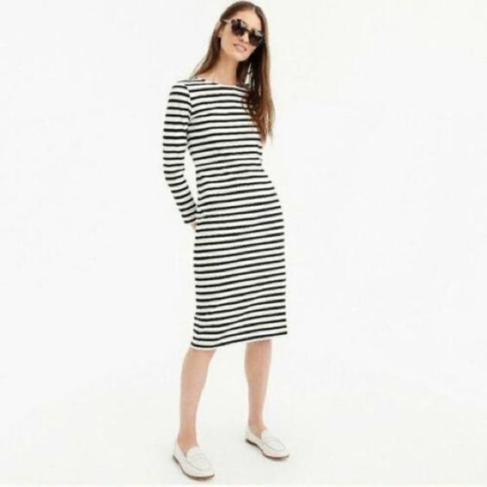 J. Crew Black and White Striped Long Sleeve Midi Dress